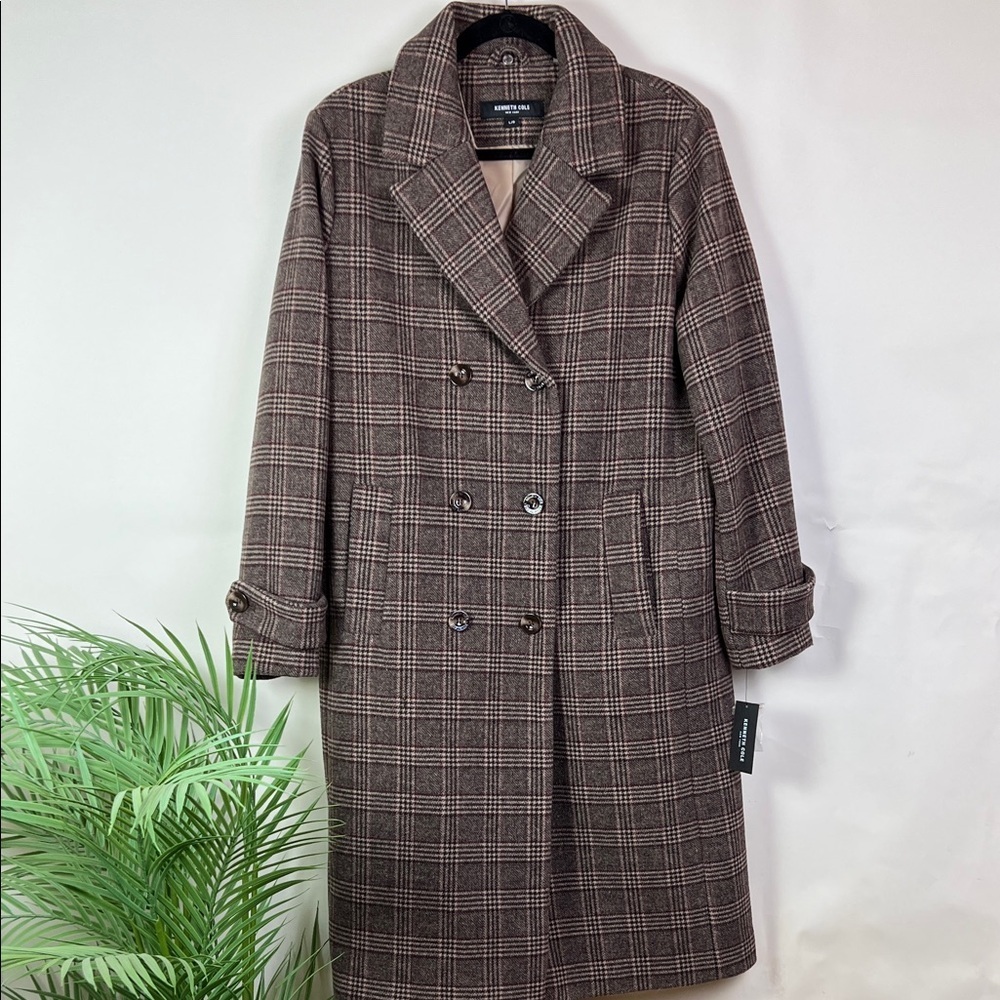 NWT Kenneth Cole Brown Checkered Pea Coat Plaid Double Breasted Wool Blend Large - Picture 1 of 9